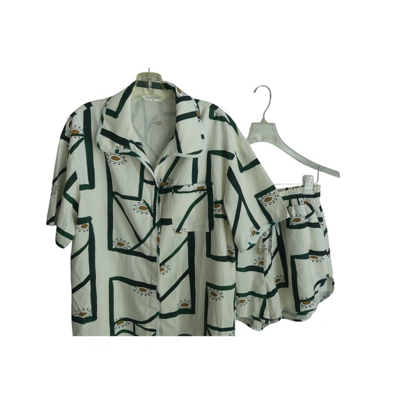 Commense Pants - Commense Women Green Geometric Eye Print Linen Blend Shirt and Shorts Set M